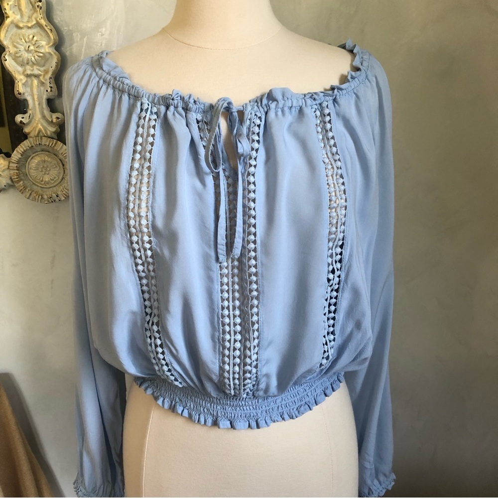 Iris bohemian ice blue peasant off the shoulder long open sleeved size Large - Picture 4 of 15